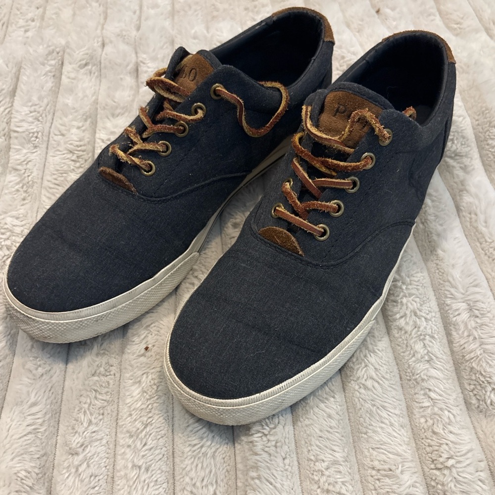 Polo by Ralph Lauren Navy Canvas Low-Top Sneakers with Brown Accents